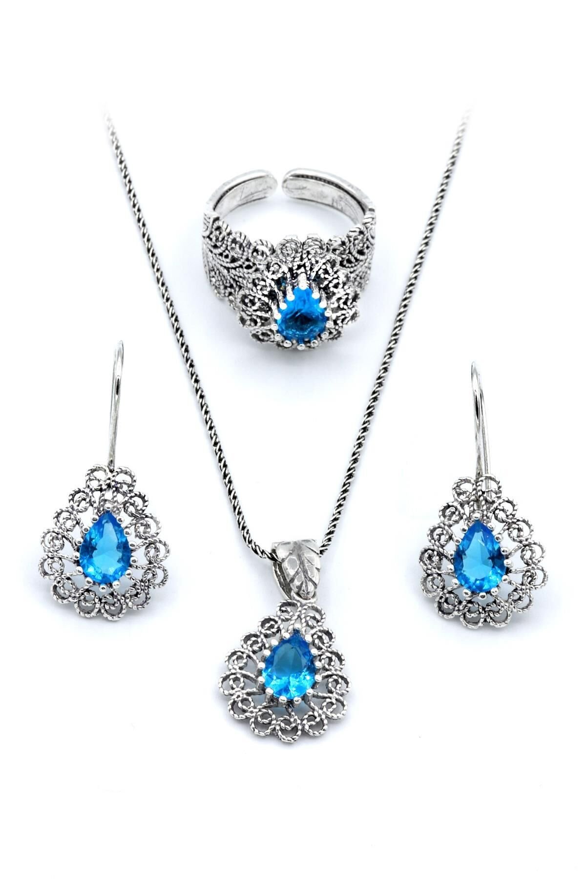 Akuamarin Taşlı Damla Modeli Telkari Gümüş Set 145