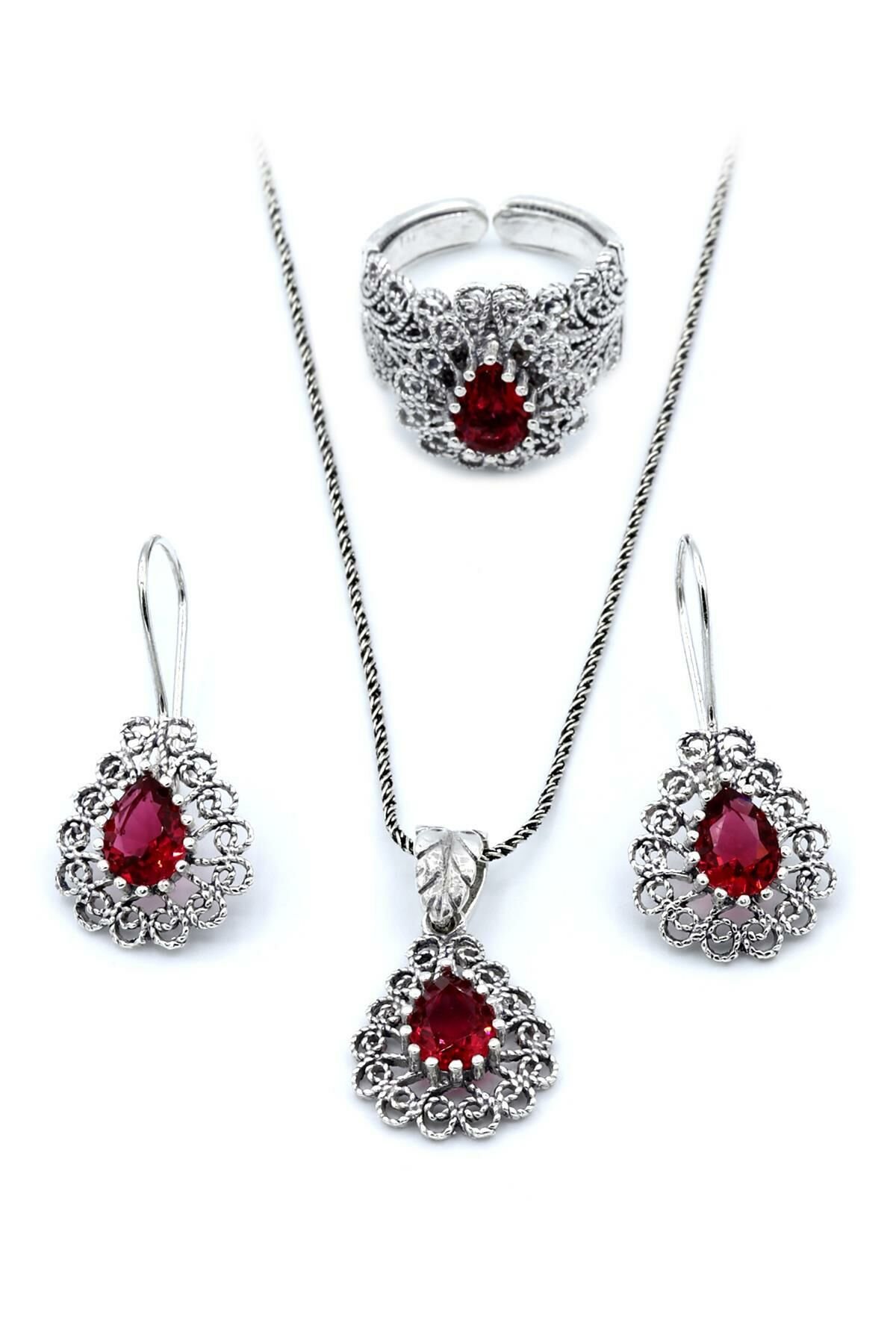Kırmızı Zirkon Taşlı Damla Modeli Telkari Gümüş Set 146
