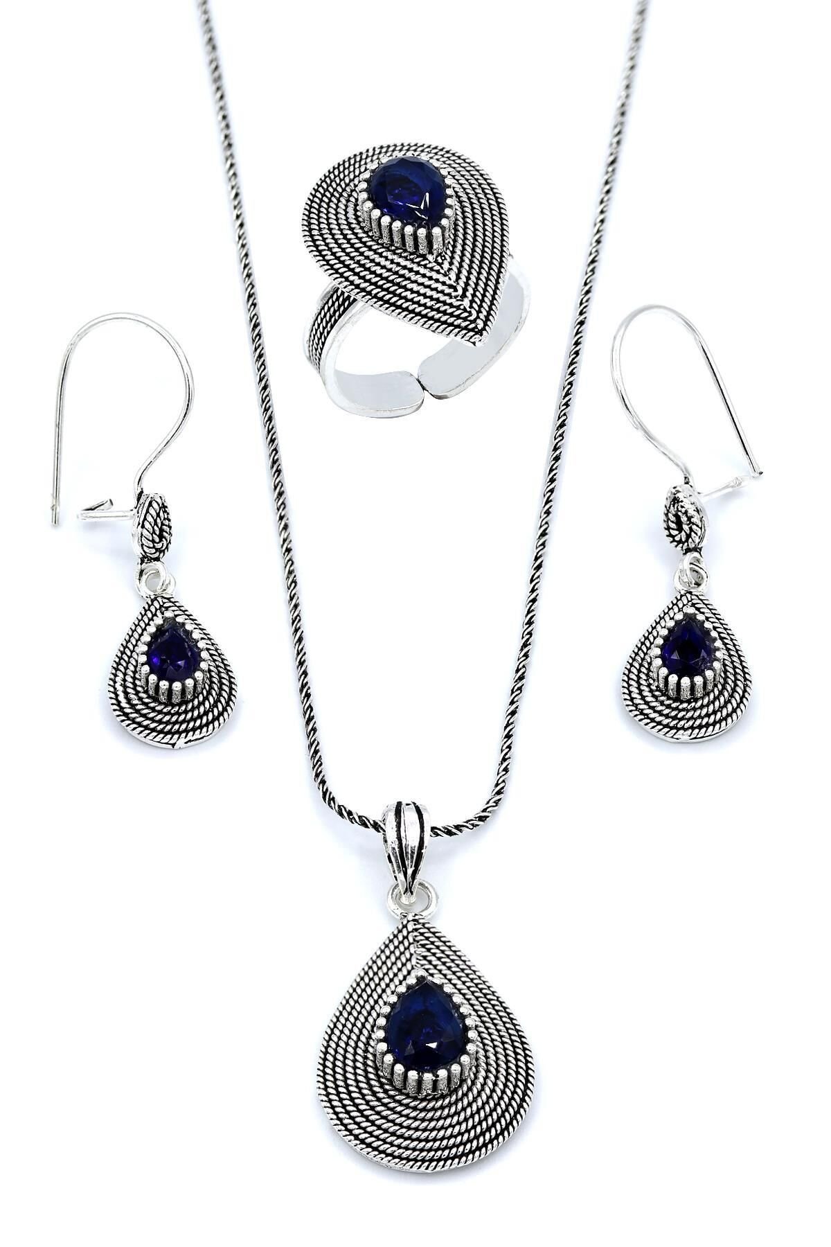 Damla Modeli Kök Safir Taşlı Telkari Gümüş Set 188