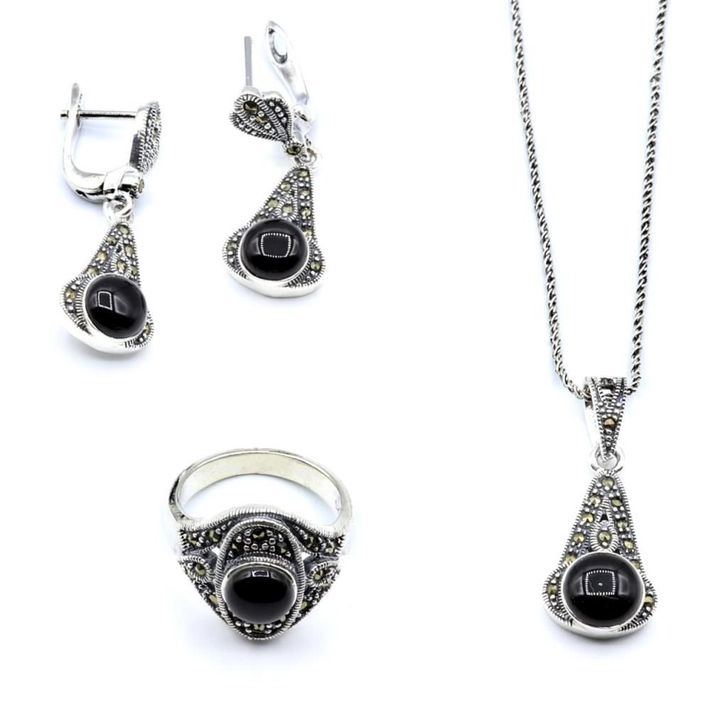 Siyah Akik Taşlı Markazit Gümüş Set 032