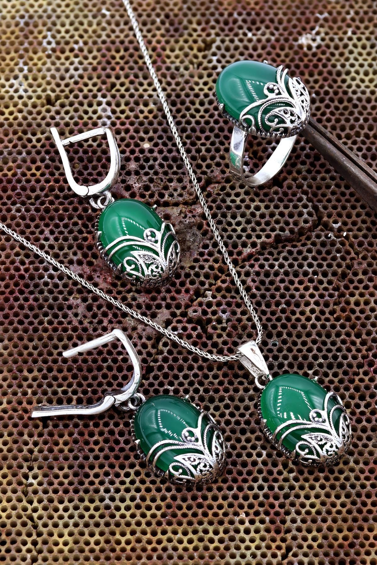 Yeşil Akik Taşlı Otantik Gümüş Set 042