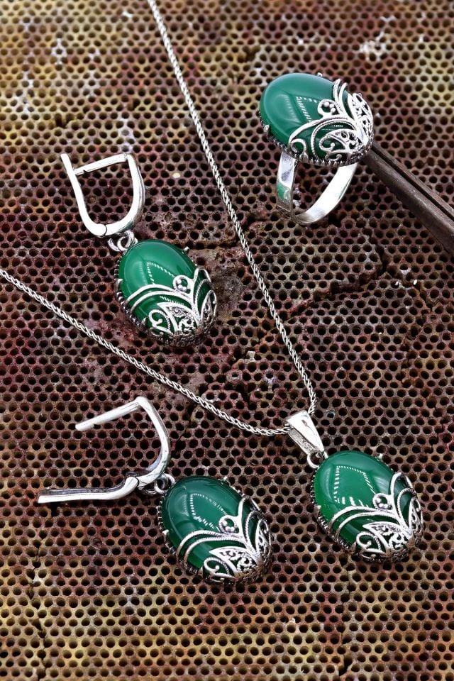 Yeşil Akik Taşlı Otantik Gümüş Set 042
