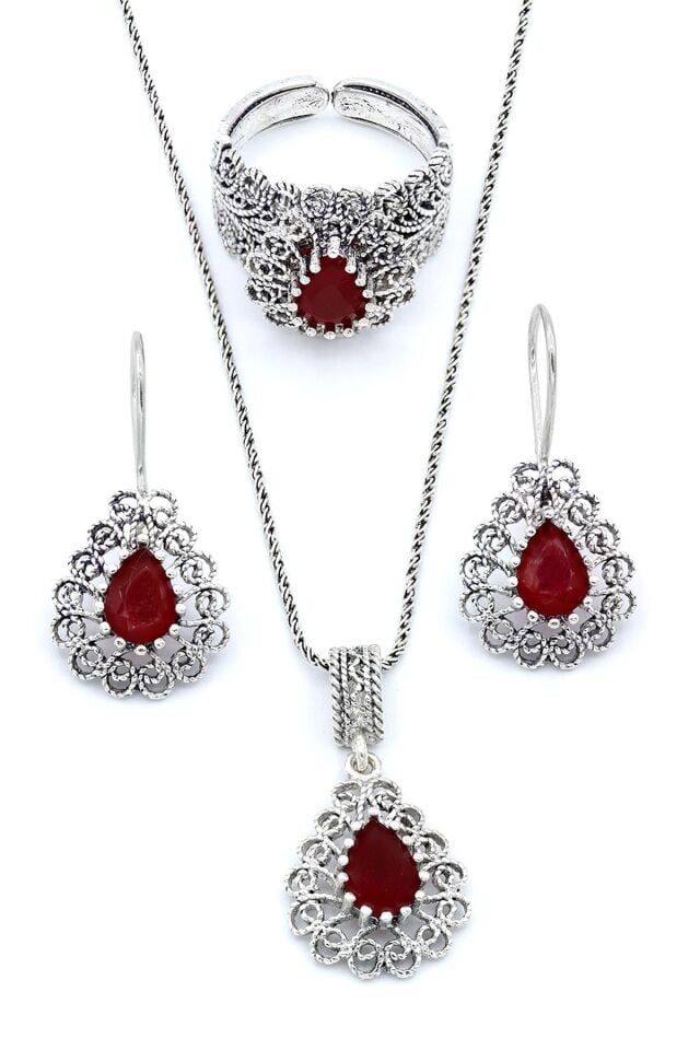Kök Yakut Taşlı Damla Modeli Telkari Gümüş Set 193