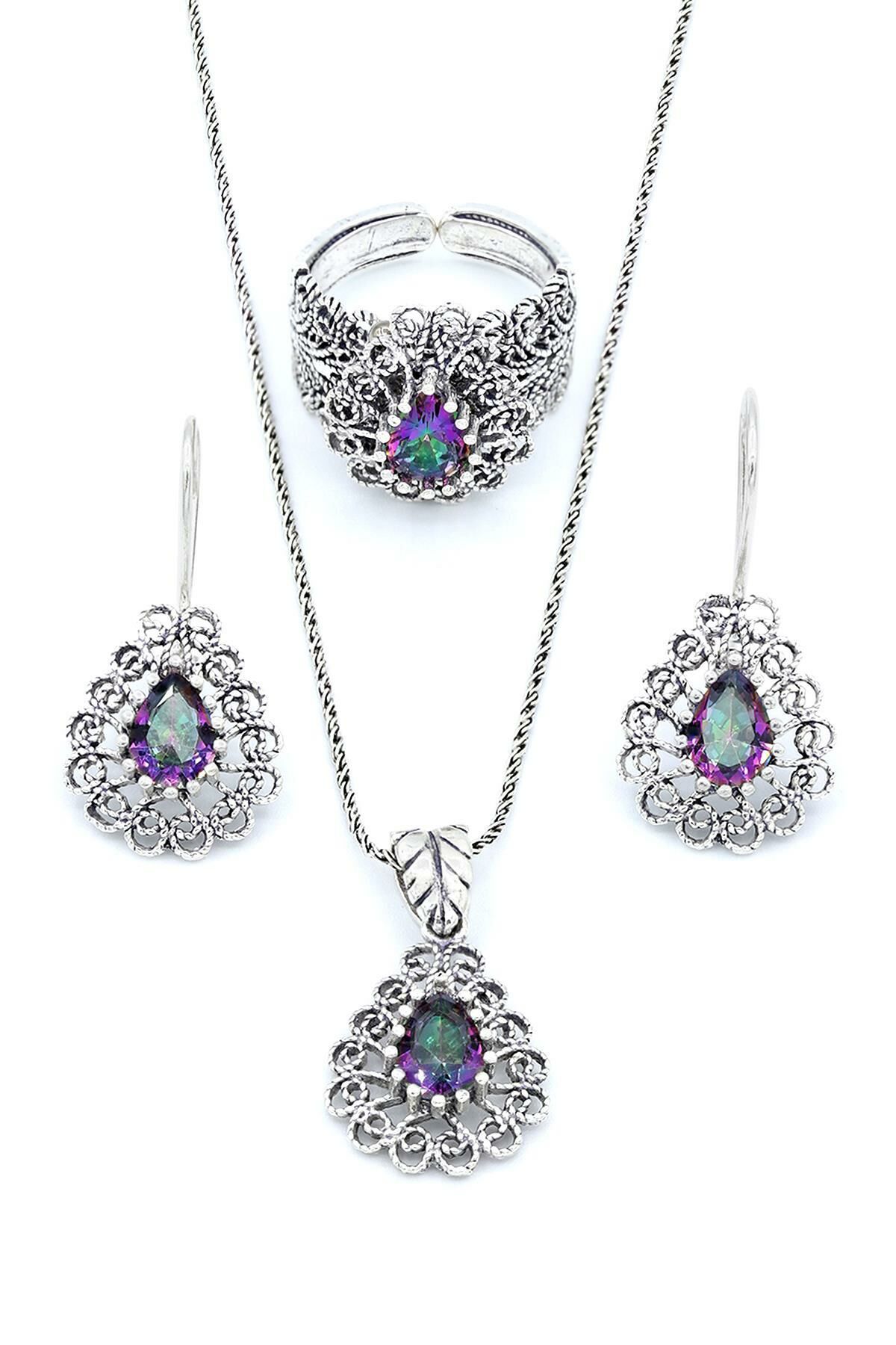 Mistik Topaz Taşlı Damla Modeli Telkari Gümüş Set 195