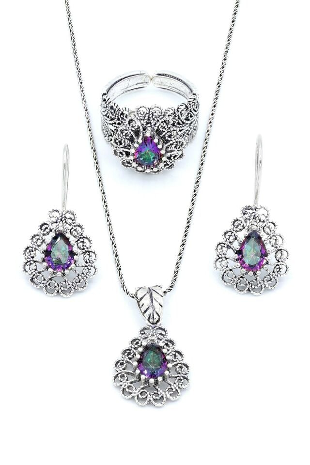 Mistik Topaz Taşlı Damla Modeli Telkari Gümüş Set 195
