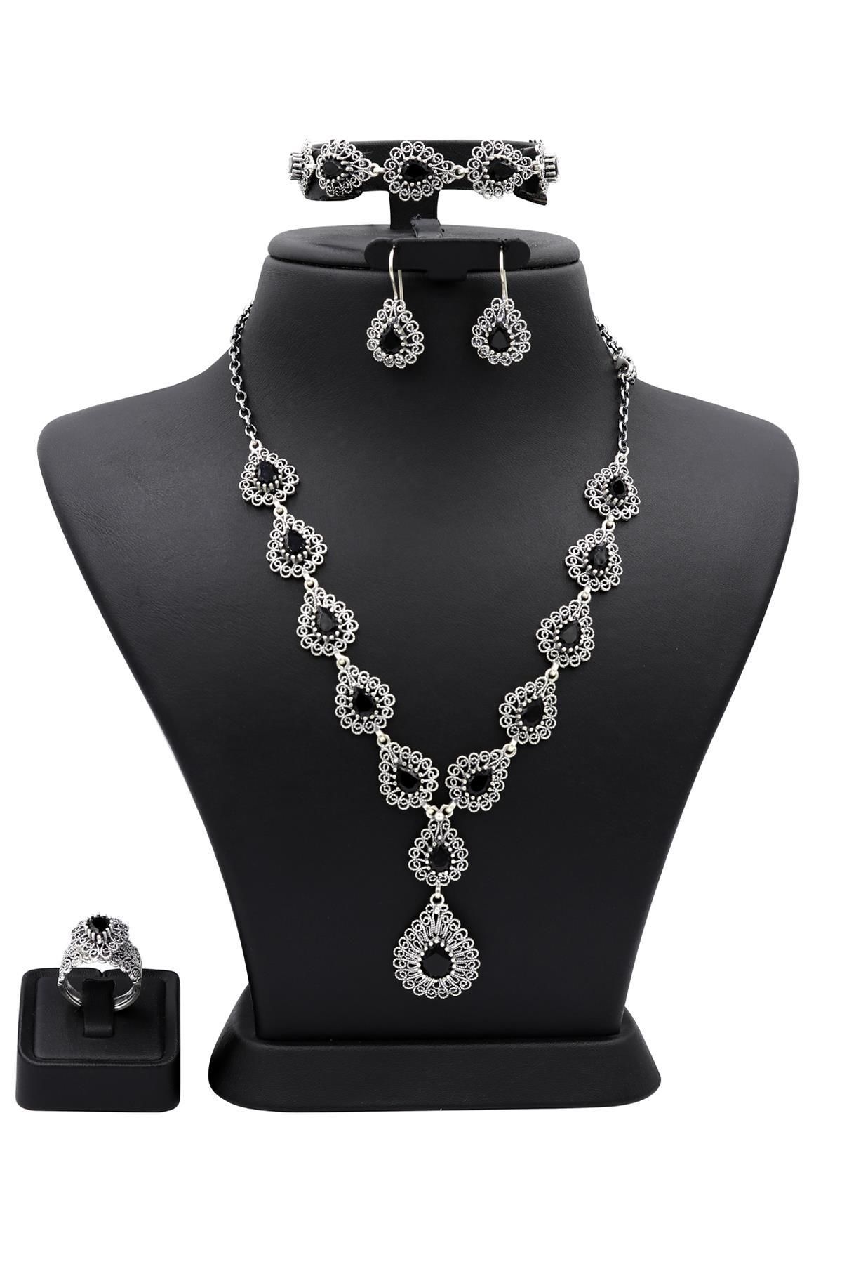 Oniks Taşlı Gerdanlıklı Telkari Gümüş Set 197