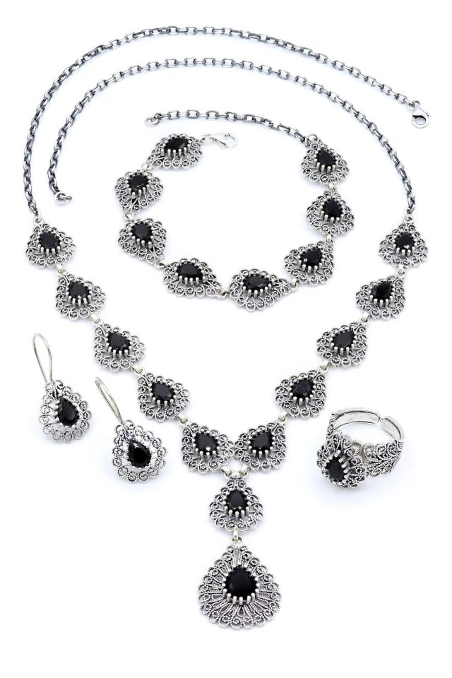 Oniks Taşlı Gerdanlıklı Telkari Gümüş Set 197