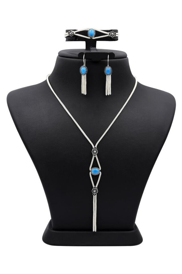 Firuze Taşlı Mardin Hasırı Gümüş Set 048
