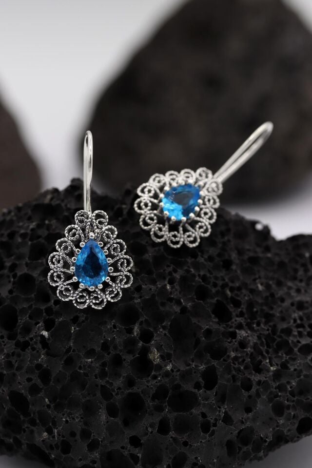 Akuamarin Taşlı Damla Modeli Telkari Gümüş Küpe 200