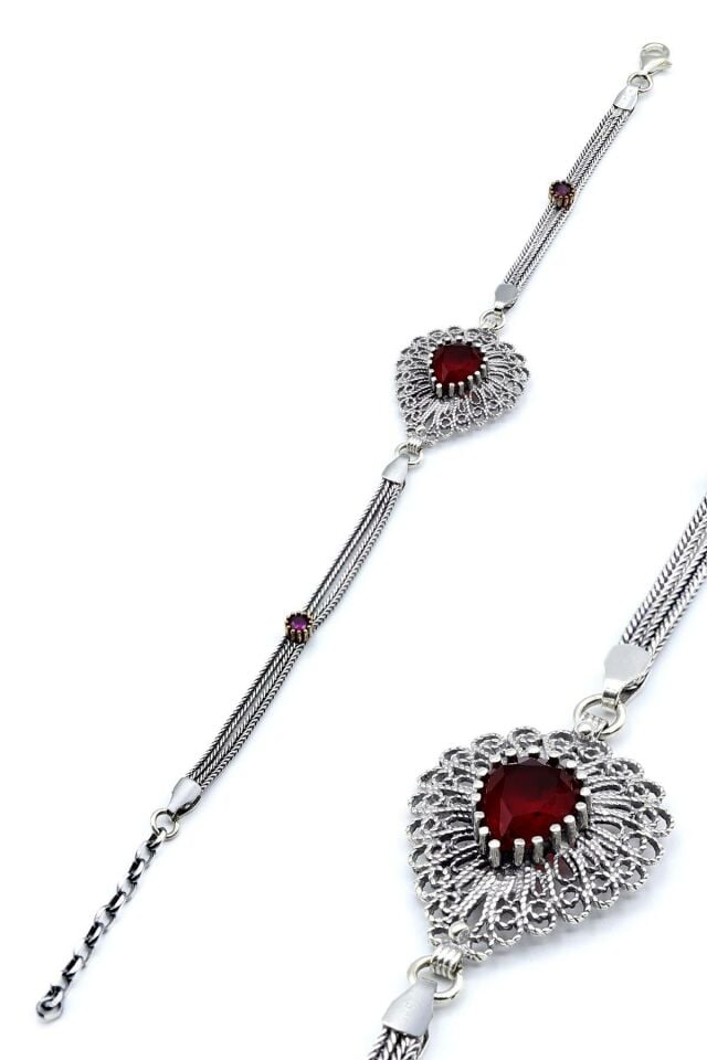 Damla Modeli Kök Yakut Taşlı Telkari Gümüş Bileklik 096