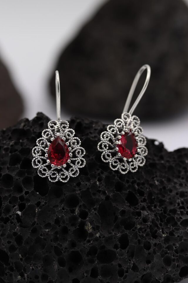 Pembe Zirkon Taşlı Damla Modeli Telkari Gümüş Küpe 201