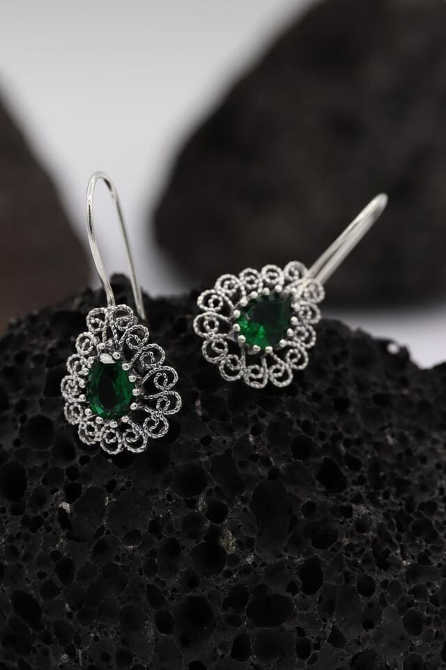 Yeşil Zirkon Taşlı Damla Modeli Telkari Gümüş Küpe 204