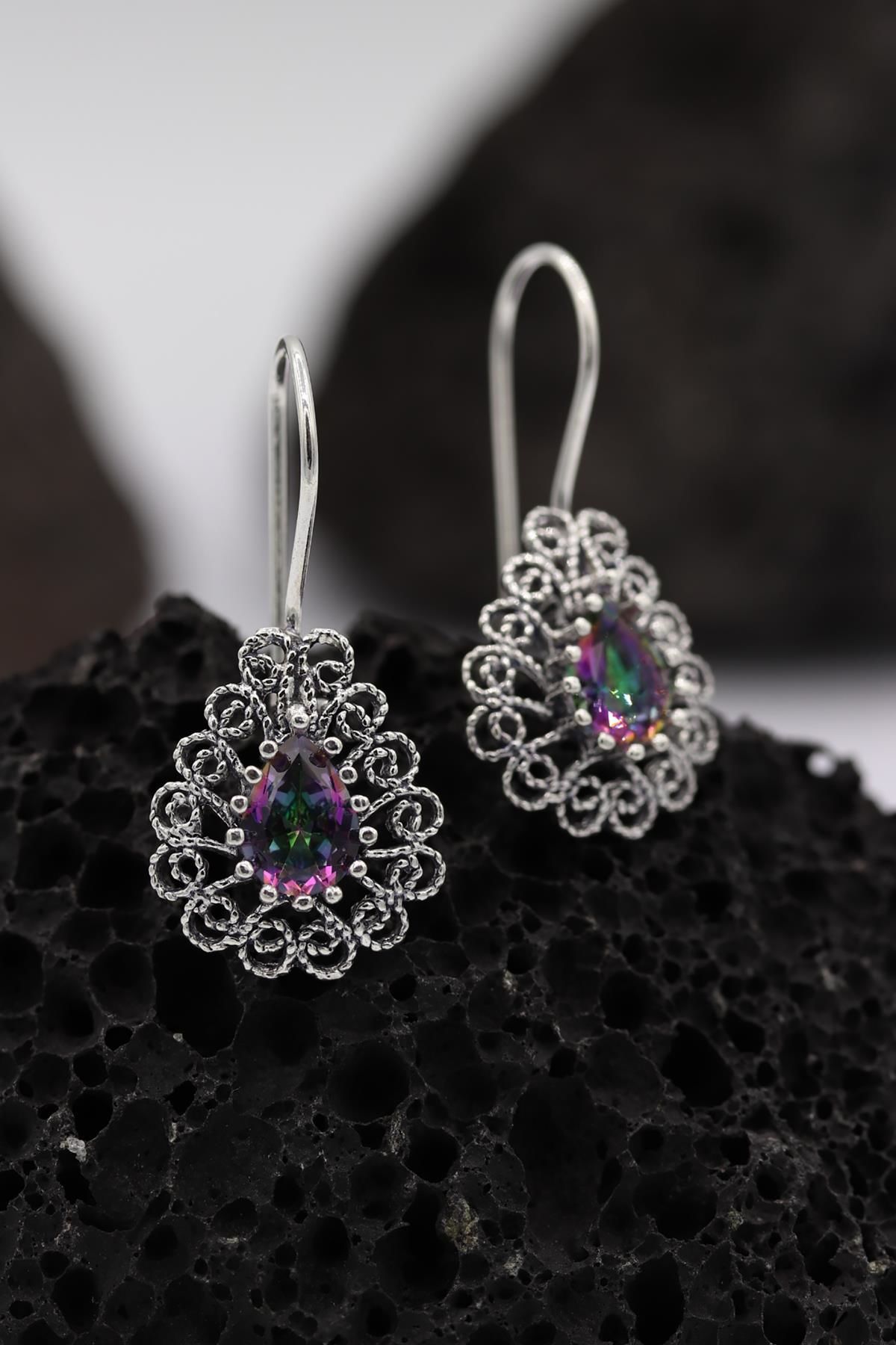Mistik Topaz Taşlı Damla Modeli Telkari Gümüş Küpe 206
