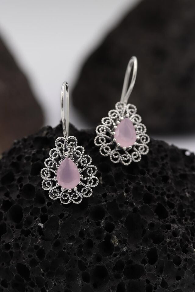 Pembe Kuvars Taşlı Damla Modeli Telkari Gümüş Küpe 208