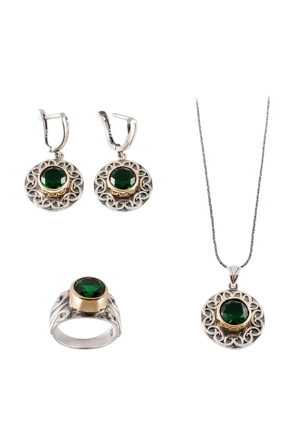 Yeşil Zirkon Taşlı Çekiç Dövme Gümüş Set 022