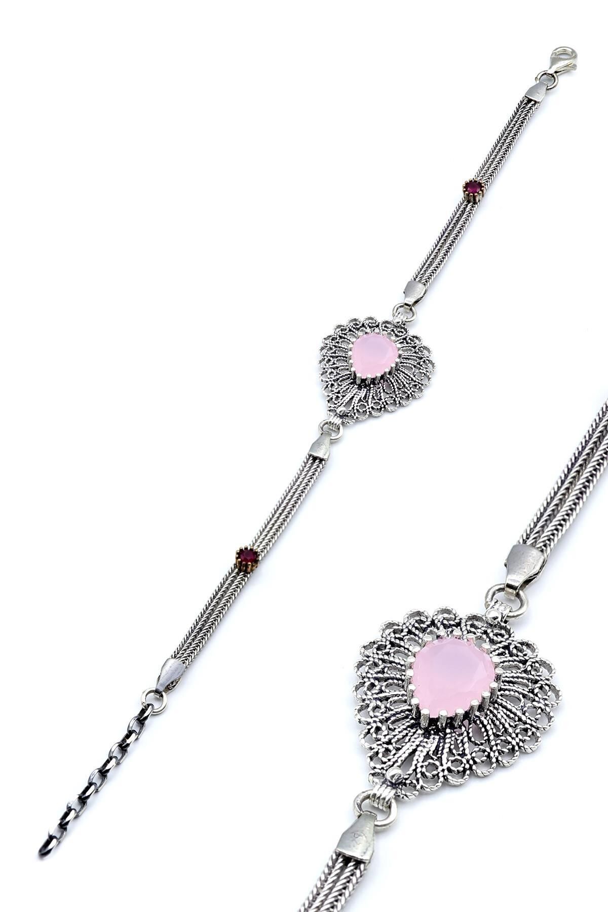 Damla Modeli Pembe Kuvars Taşlı Telkari Gümüş Bileklik 154