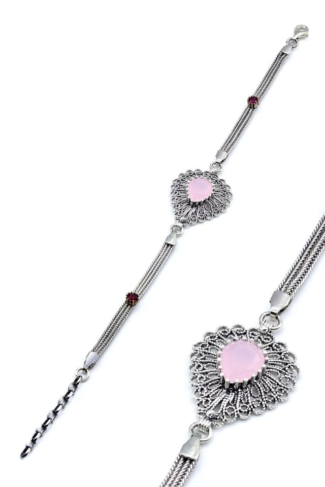 Damla Modeli Pembe Kuvars Taşlı Telkari Gümüş Bileklik 154