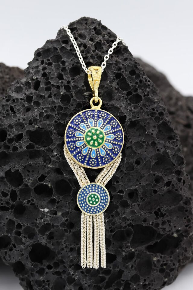 Altın Yaldızlı Mineli Mardin Hasırı Gümüş Kolye 013