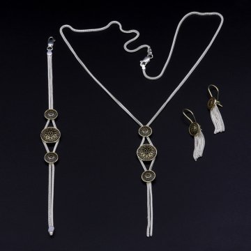 Altın Yaldızlı Mineli Mardin Hasırı Gümüş Set 035