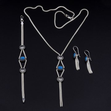 Firuze Taşlı Mardin Hasırı Gümüş Set 036