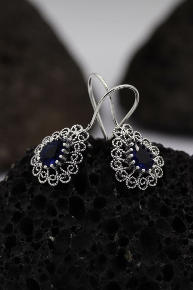 Kök Safir Taşlı Damla Modeli Telkari Gümüş Küpe 105