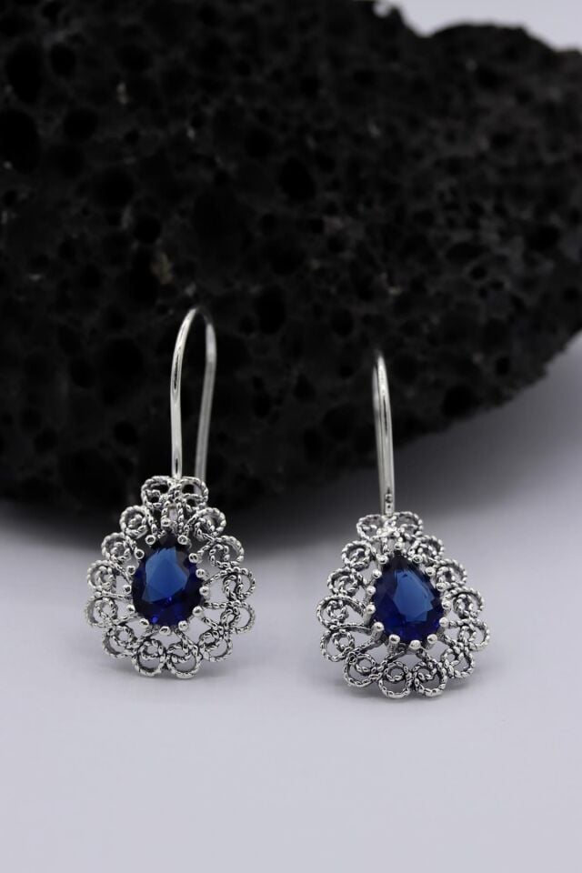 Kök Safir Taşlı Damla Modeli Telkari Gümüş Küpe 105