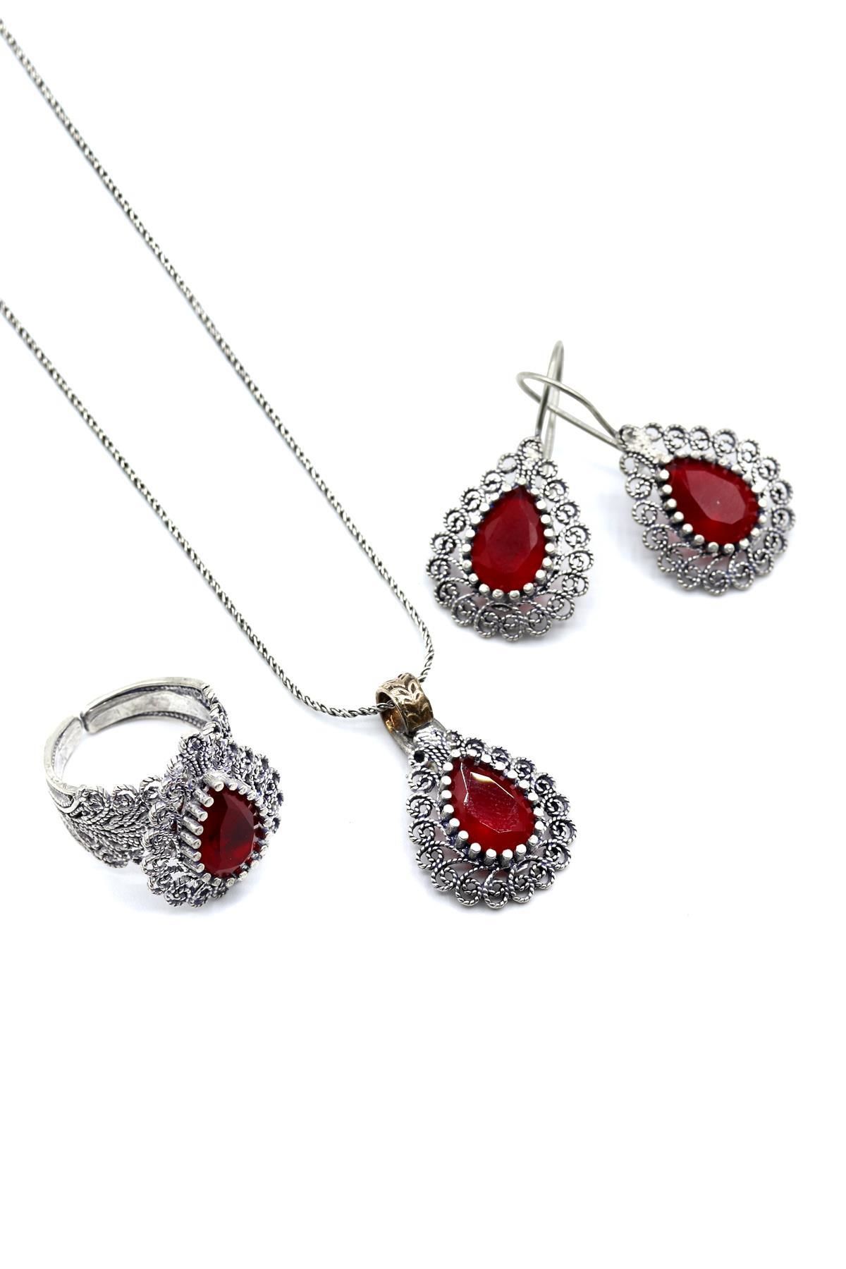 Kök Yakut Taşlı Telkari Gümüş Set 036
