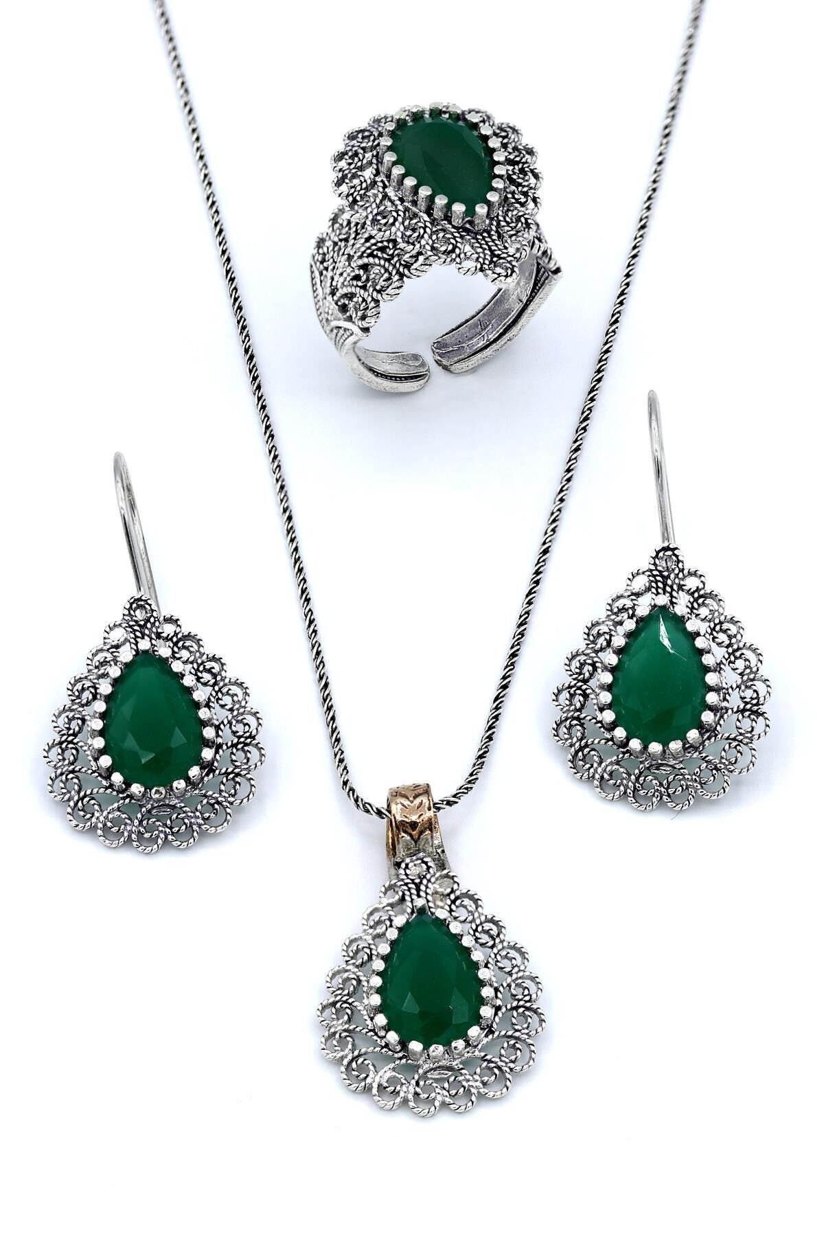 Kök Zümrüt Taşlı Telkari Gümüş Set 037