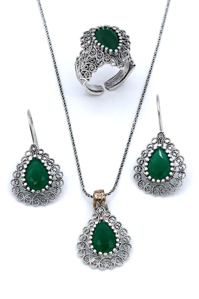 Kök Zümrüt Taşlı Telkari Gümüş Set 037