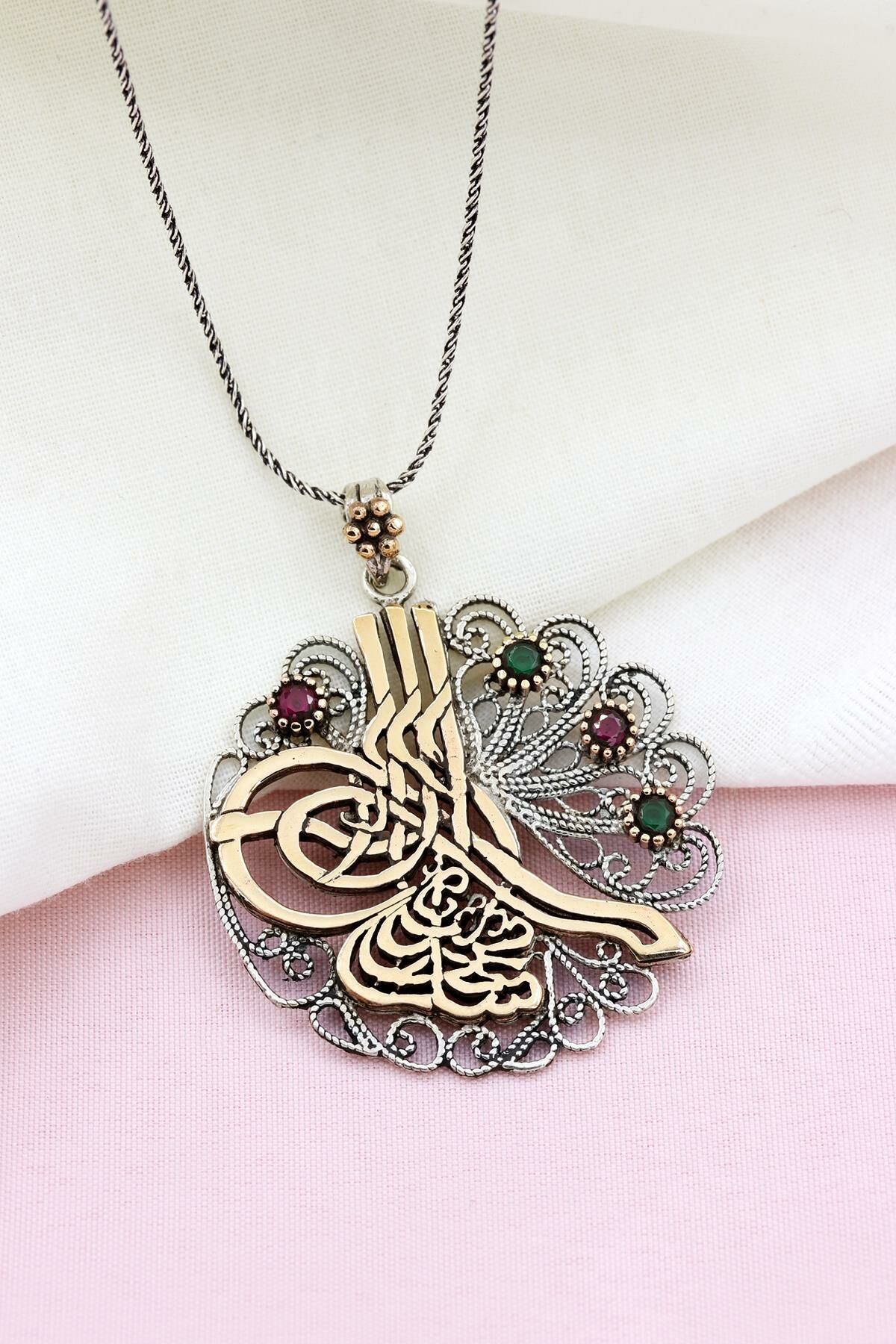 Osmanlı Tuğralı Telkari İşlemeli Gümüş Kolye 474