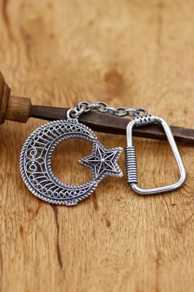 Telkari İşlemeli Ay Yıldız Gümüş Anahtarlık 054