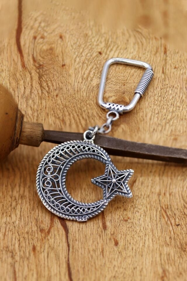 Telkari İşlemeli Ay Yıldız Gümüş Anahtarlık 054