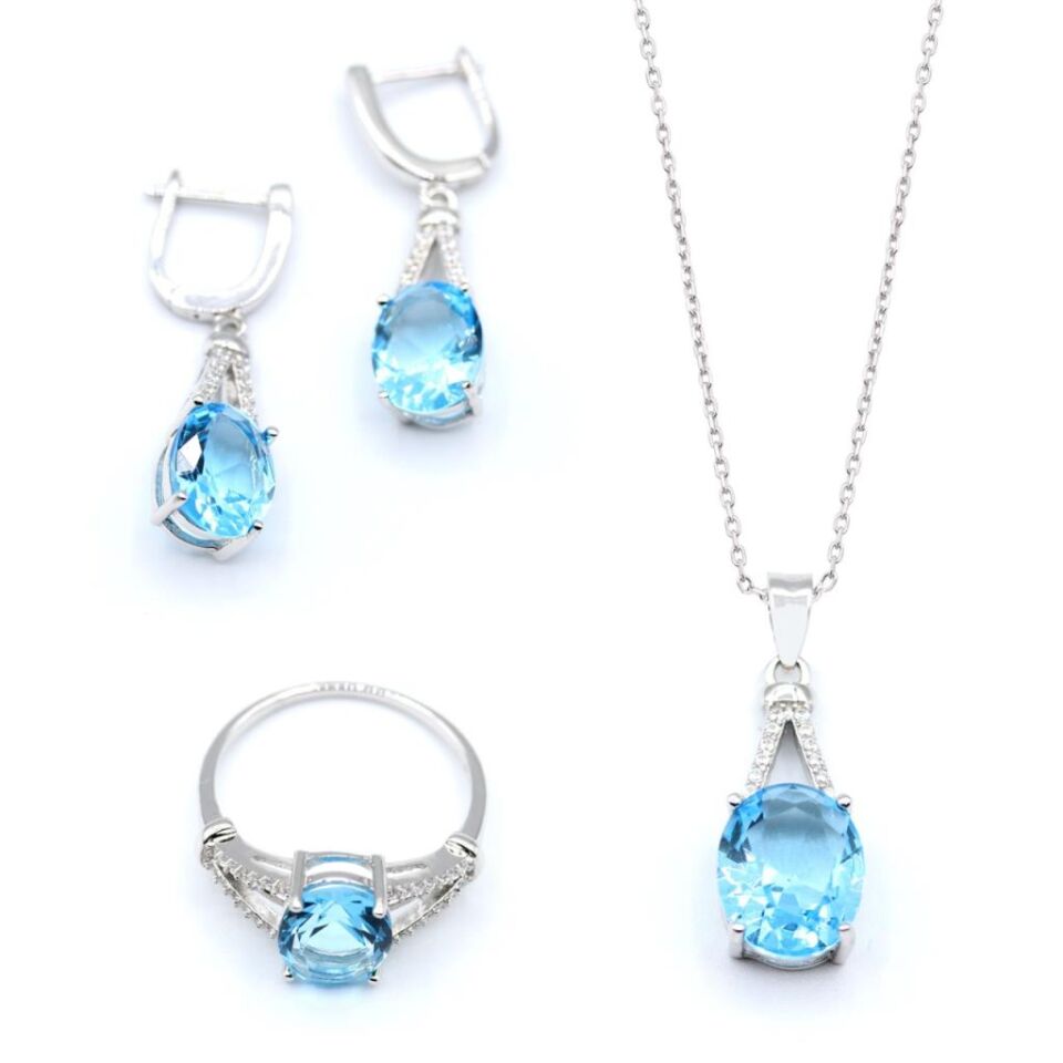 Damla Modeli Turkuaz Zirkon Taşlı Gümüş Set 040