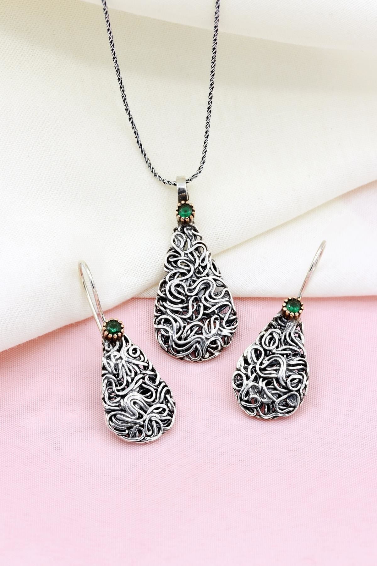 Damla Modeli Otantik İkili Gümüş Set 046