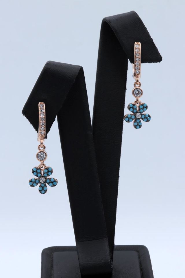 Nano Turkuaz Taşlı Roz Gümüş Küpe 166