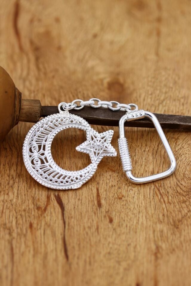 Telkari İşlemeli Ay Yıldız Gümüş Anahtarlık 077