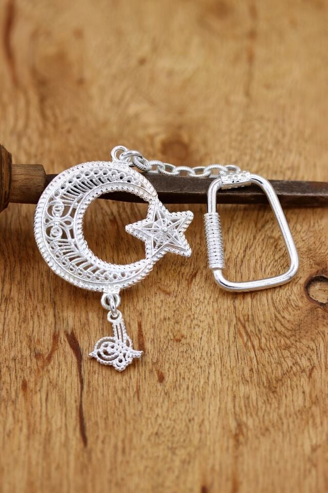 Telkari İşlemeli Tuğralı Ay Yıldız Gümüş Anahtarlık 078