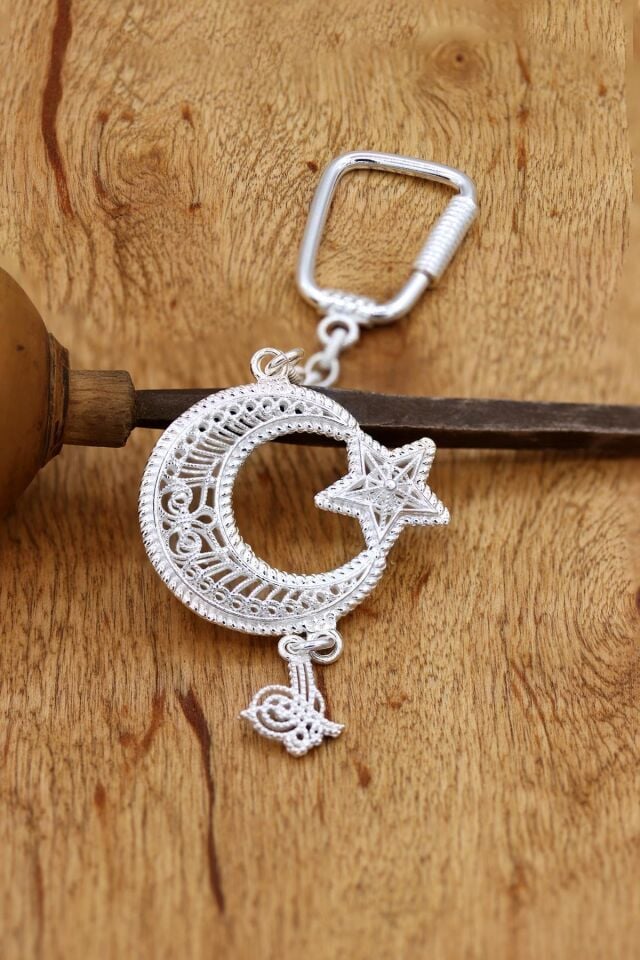 Telkari İşlemeli Tuğralı Ay Yıldız Gümüş Anahtarlık 078