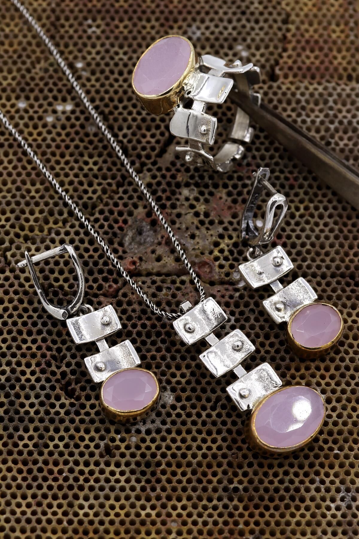 Pembe Kuvars Taşlı Otantik Gümüş Set 031