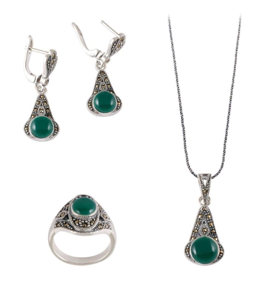 Yeşil Akik Taşlı Markazit Gümüş Set 026