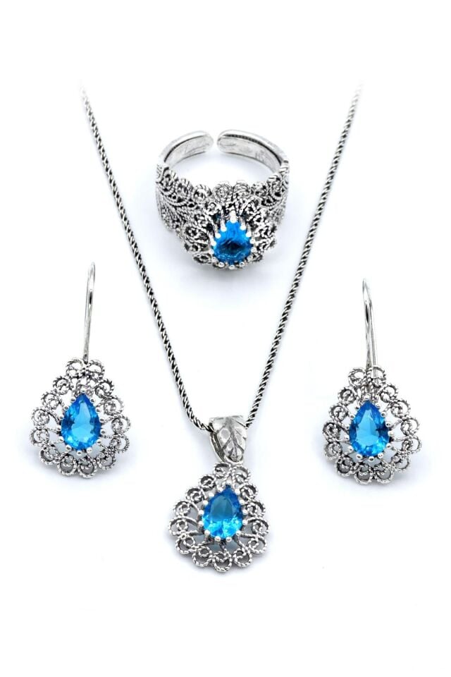Akuamarin Taşlı Damla Modeli Telkari Gümüş Set 145