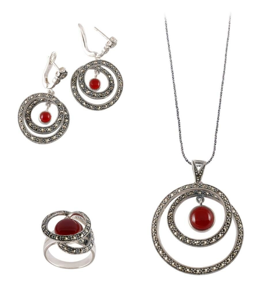 Bordo Akik Taşlı Markazit Gümüş Set 029