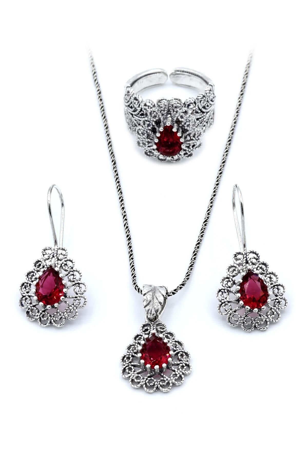 Kırmızı Zirkon Taşlı Damla Modeli Telkari Gümüş Set 146