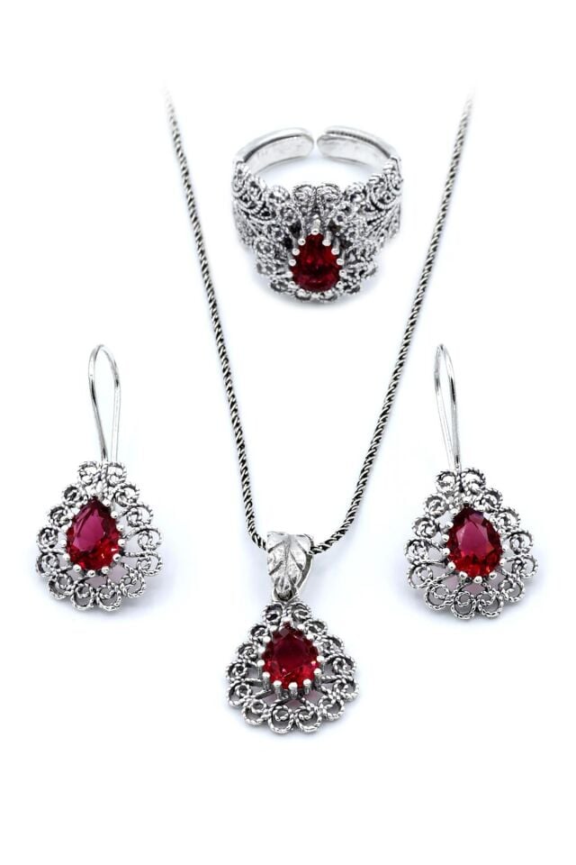Kırmızı Zirkon Taşlı Damla Modeli Telkari Gümüş Set 146