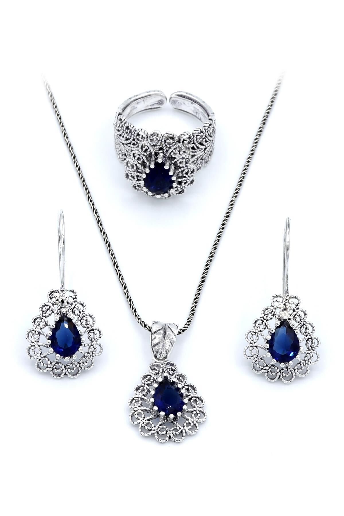 Kök Safir Taşlı Damla Modeli Telkari Gümüş Set 147
