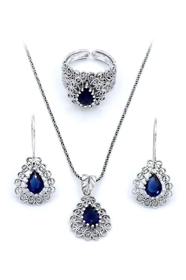Kök Safir Taşlı Damla Modeli Telkari Gümüş Set 147