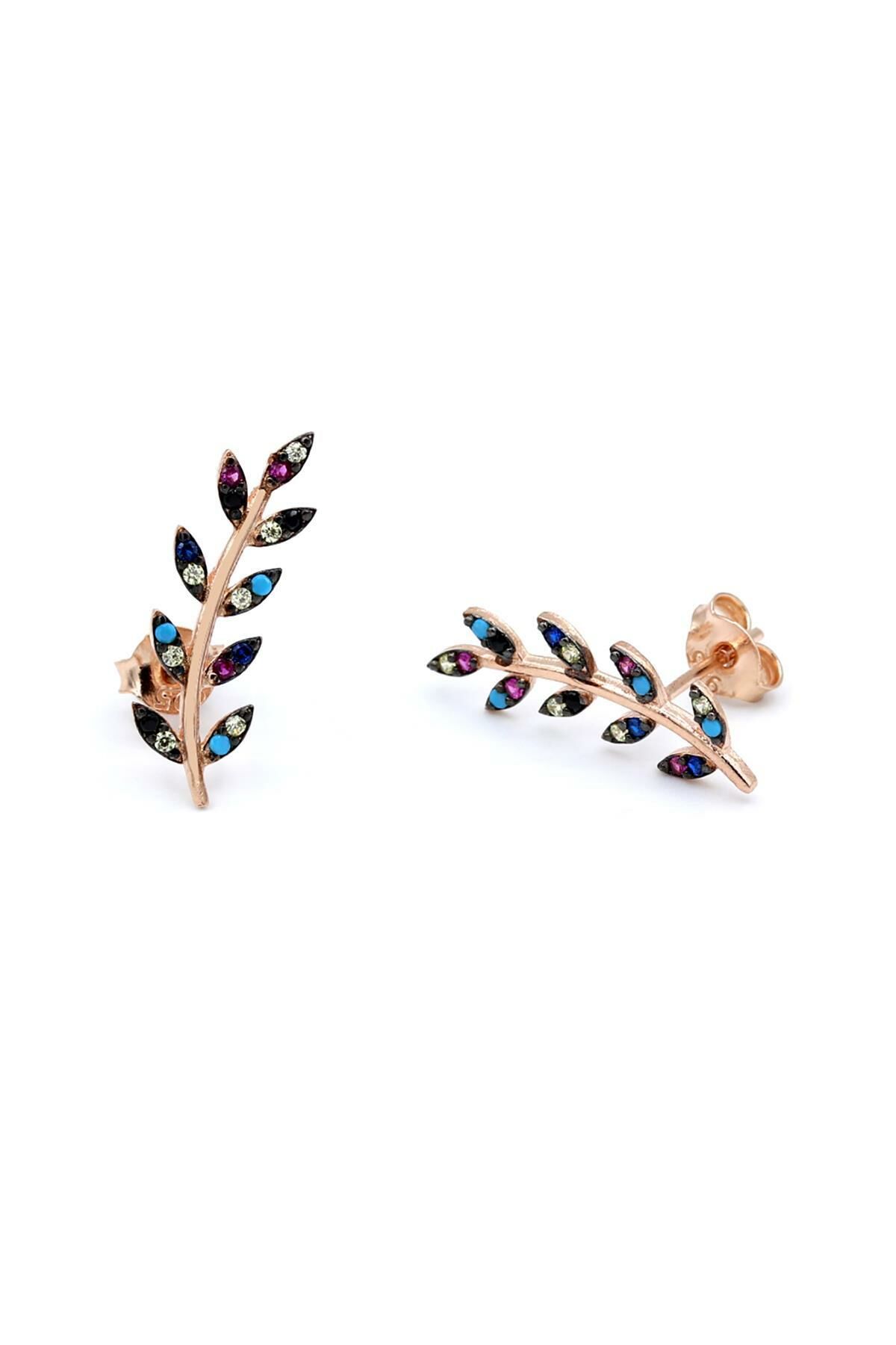 Yaprak Modeli Roz Gümüş Küpe 089