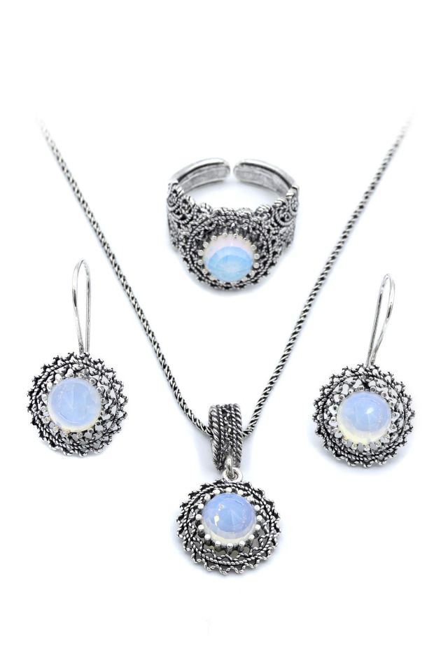 Ay Taşlı Telkari Gümüş Set 151