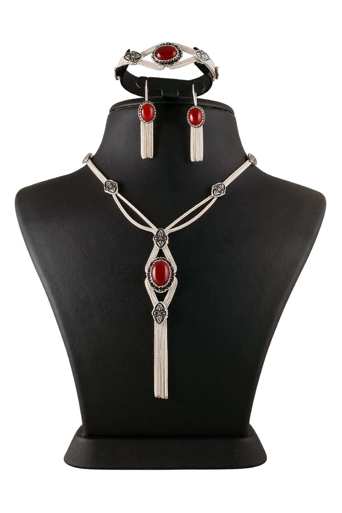 Bordo Akik Taşlı Mardin Hasırı Gümüş Set 025