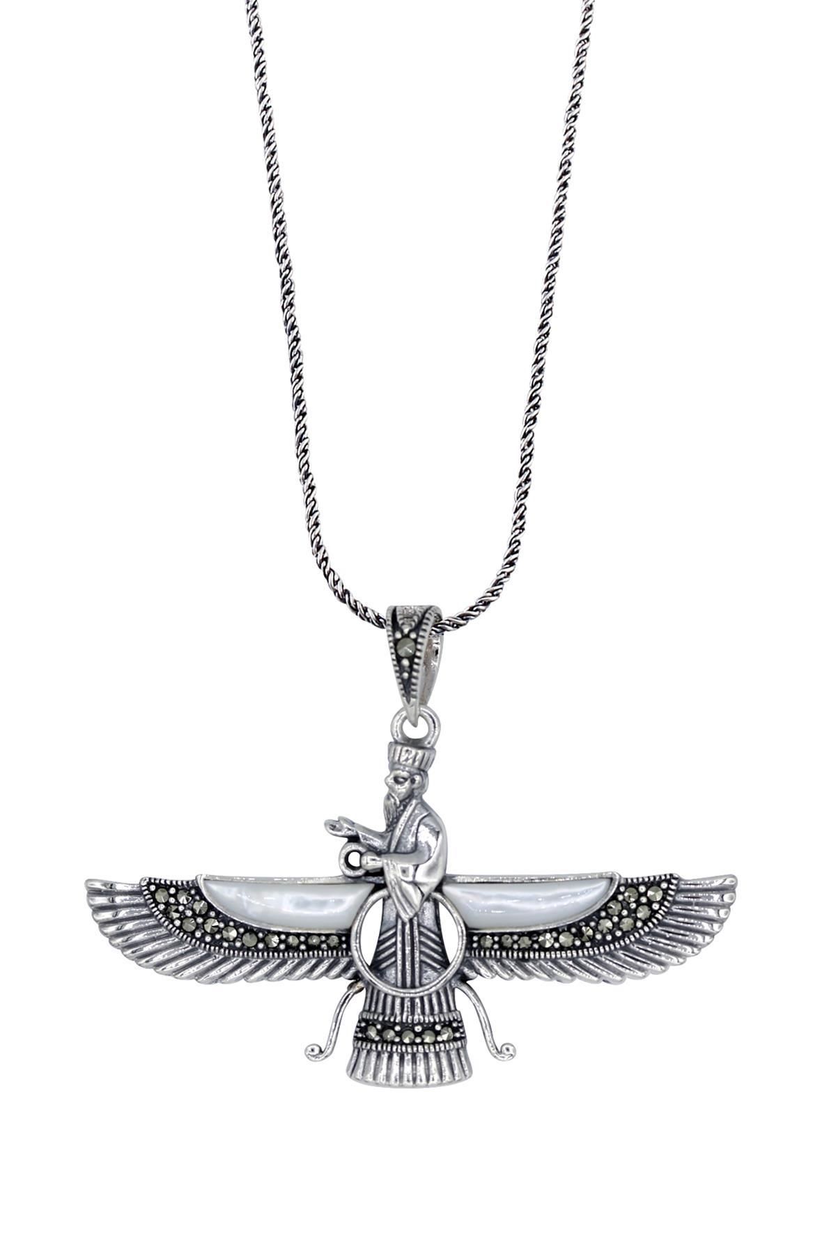 Sedef Taşlı Büyük Boy Ahura Mazda Gümüş Kolye 095